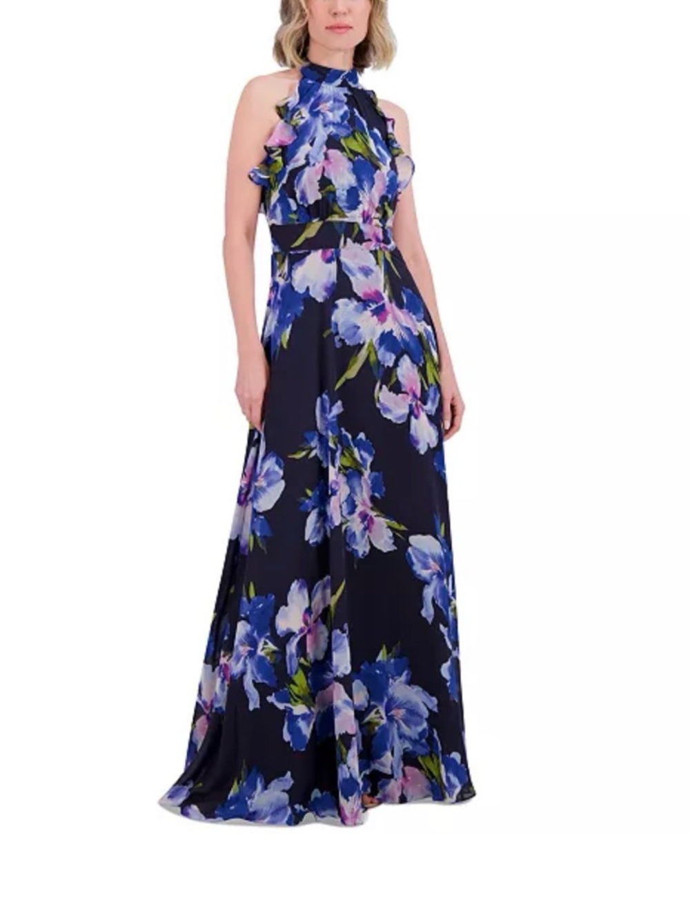 Eliza J Floral Chiffon Halter Maxi Dress Ruffle Neck Navy Multi Size 4 - Picture 12 of 13
